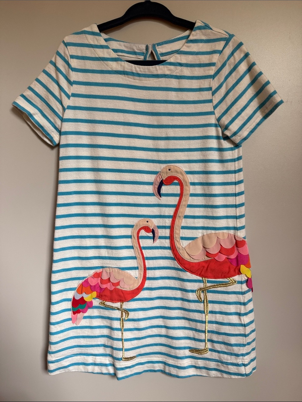 Mini Boden Turquoise & White Striped Dress with Pink Flamingo Appliqués